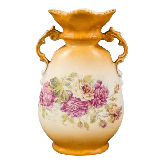 Art Nouveau Bohemian two-handled single-flower porcelain vase decorated with roses