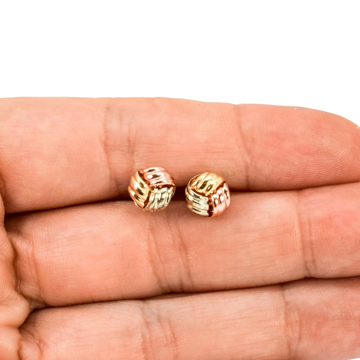 Vintage tri-colour stud earrings in yellow, white and rose gold