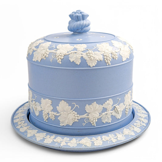 Antique English Wedgwood style blue jasperware cheese dome and stand with grapevine decoration, 19th century