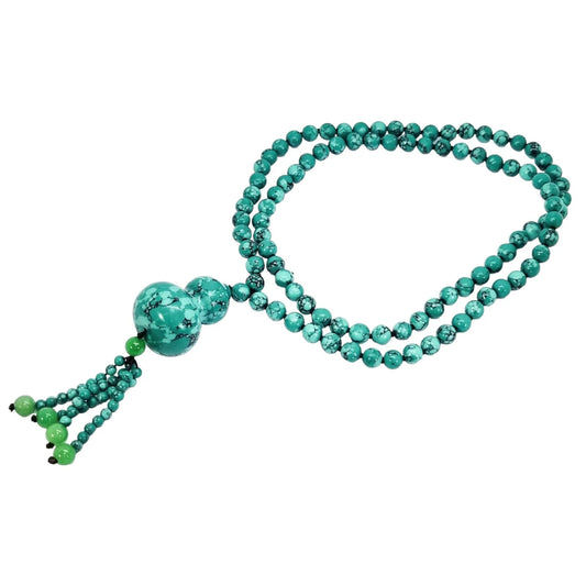 Large bead natural turquoise necklace with gourd pendant and jade tassels