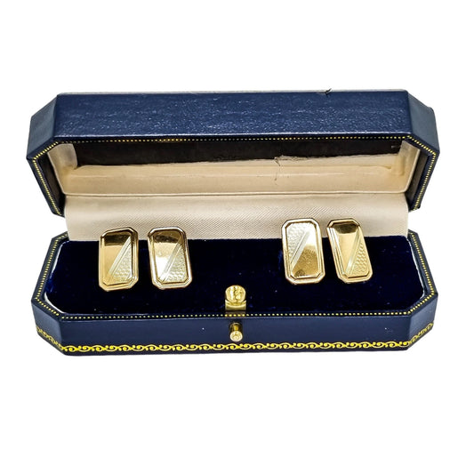 Vintage 1960’s 9ct yellow gold oblong bevelled cufflinks, half engine-turned, boxed