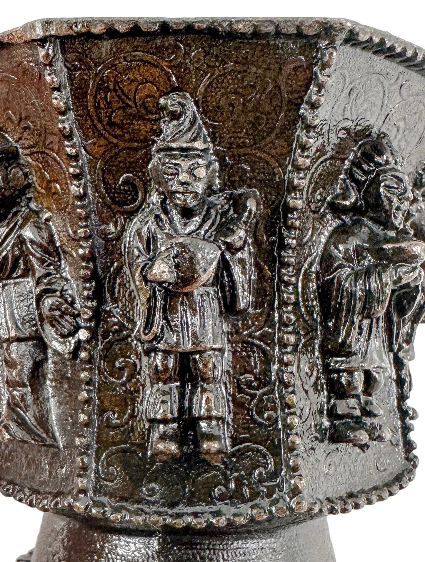 Chinese bronze libation cup with immortals, Tang marks, octagonal body