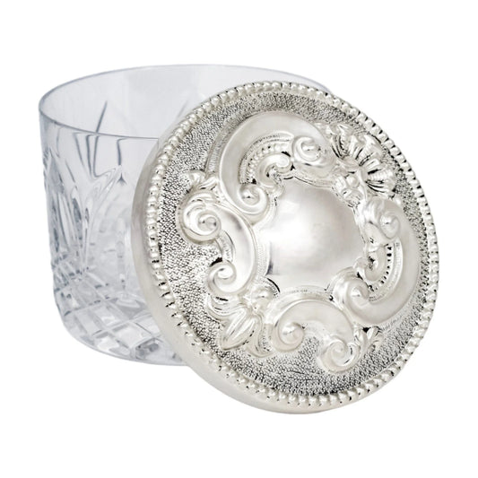 Vintage Carrs sterling silver Atlantis lead crystal large round vanity dressing table box