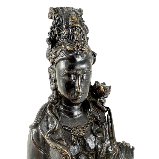 Chinese bronze tall statue of Guanyin resting on frog on lotus flower