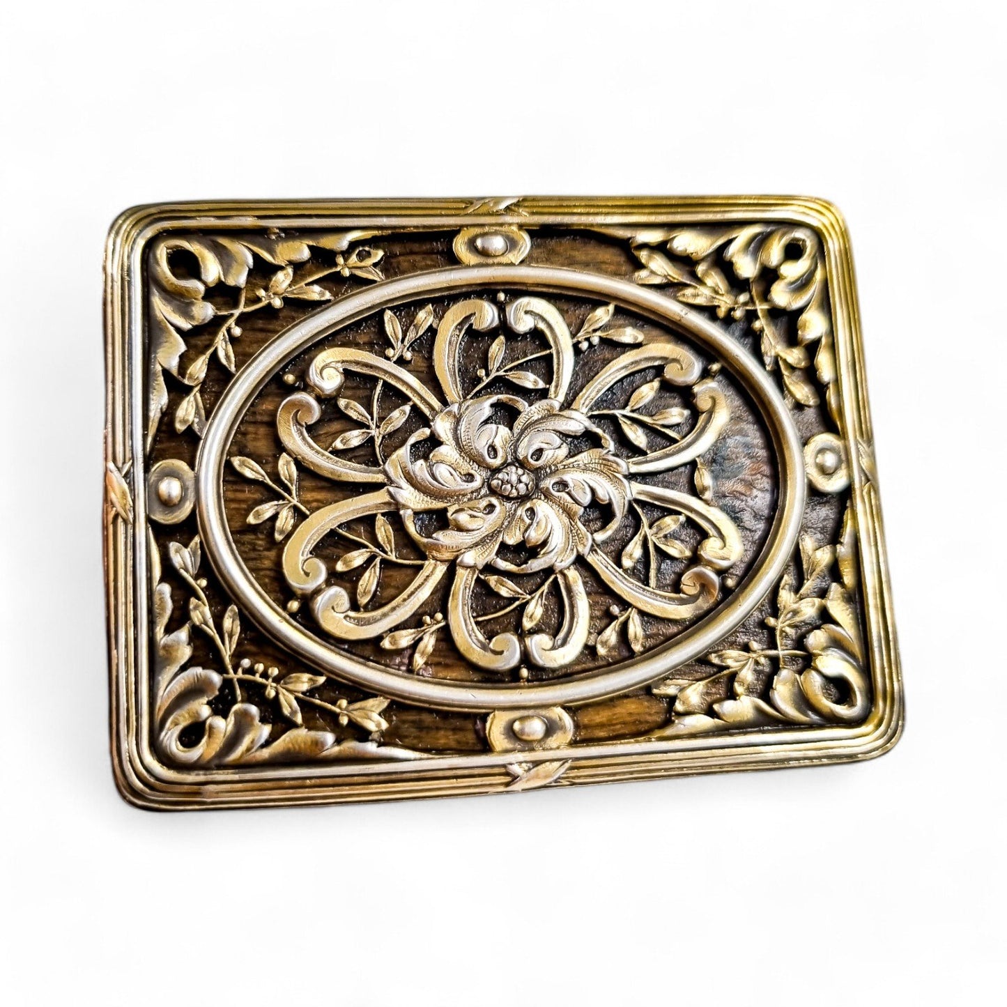 Antique French Art Nouveau walnut burlwood stamp box with pierced vermeil silver lid, c. 1890s