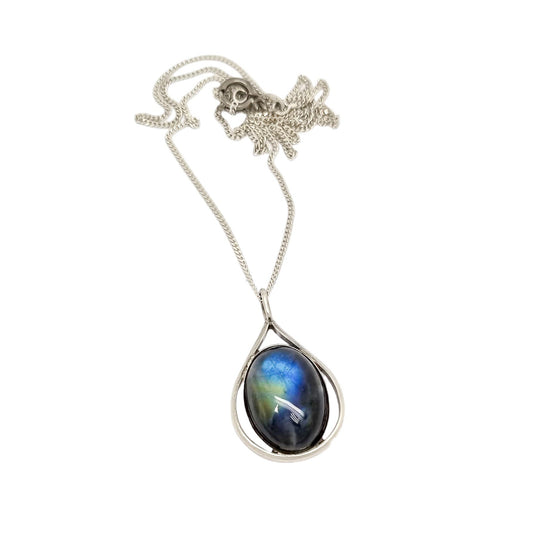 Vintage sterling silver labradorite teardrop pendant necklace on curb chain