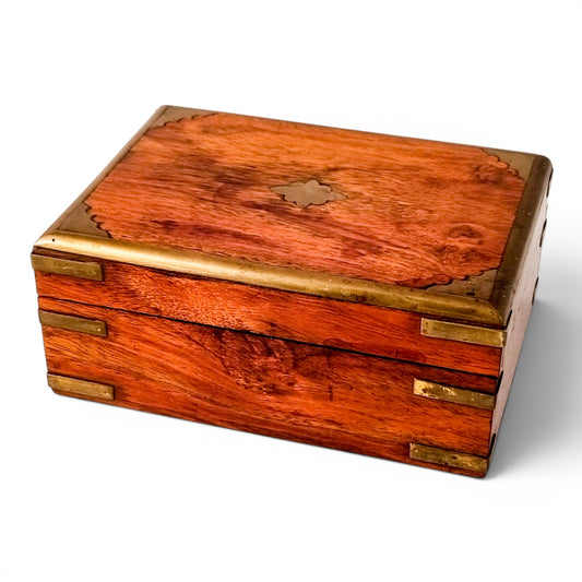 Vintage Indian rosewood campaign style box, brass-bound