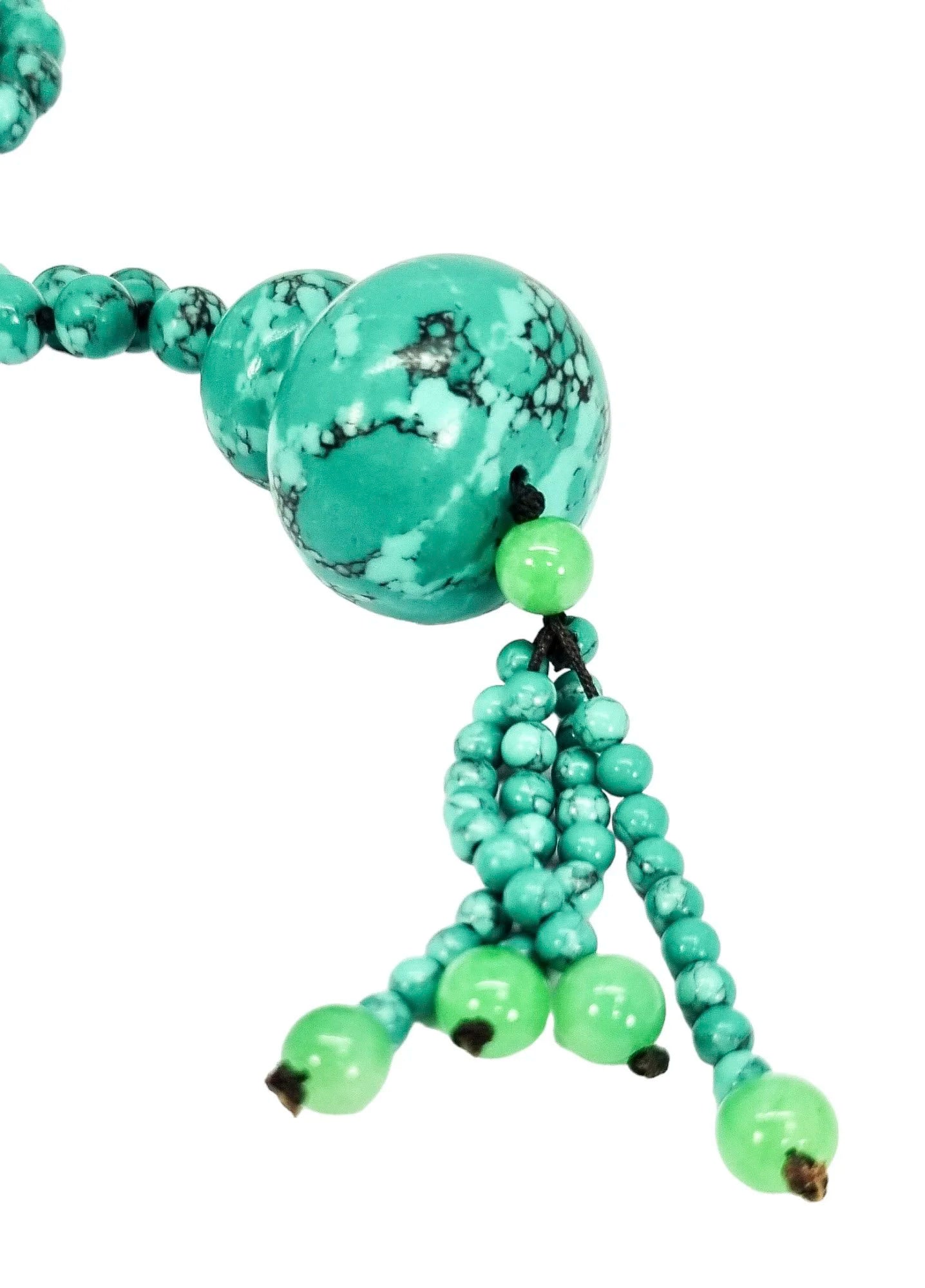 Large bead natural turquoise necklace with gourd pendant and jade tassels