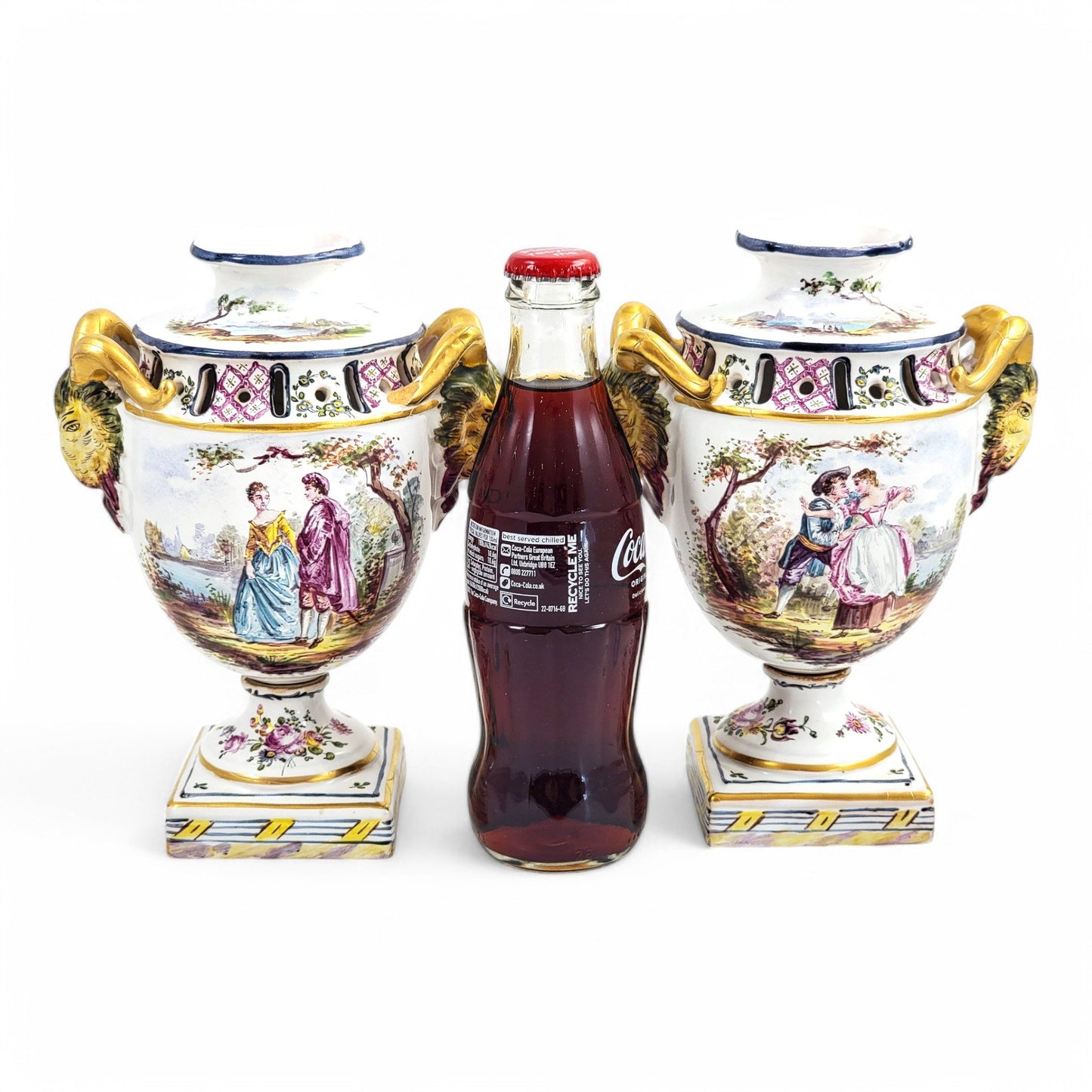 Rare 18th century French faience urns by Veuve Perrin with hand-painted pastoral scenes in Rococo style