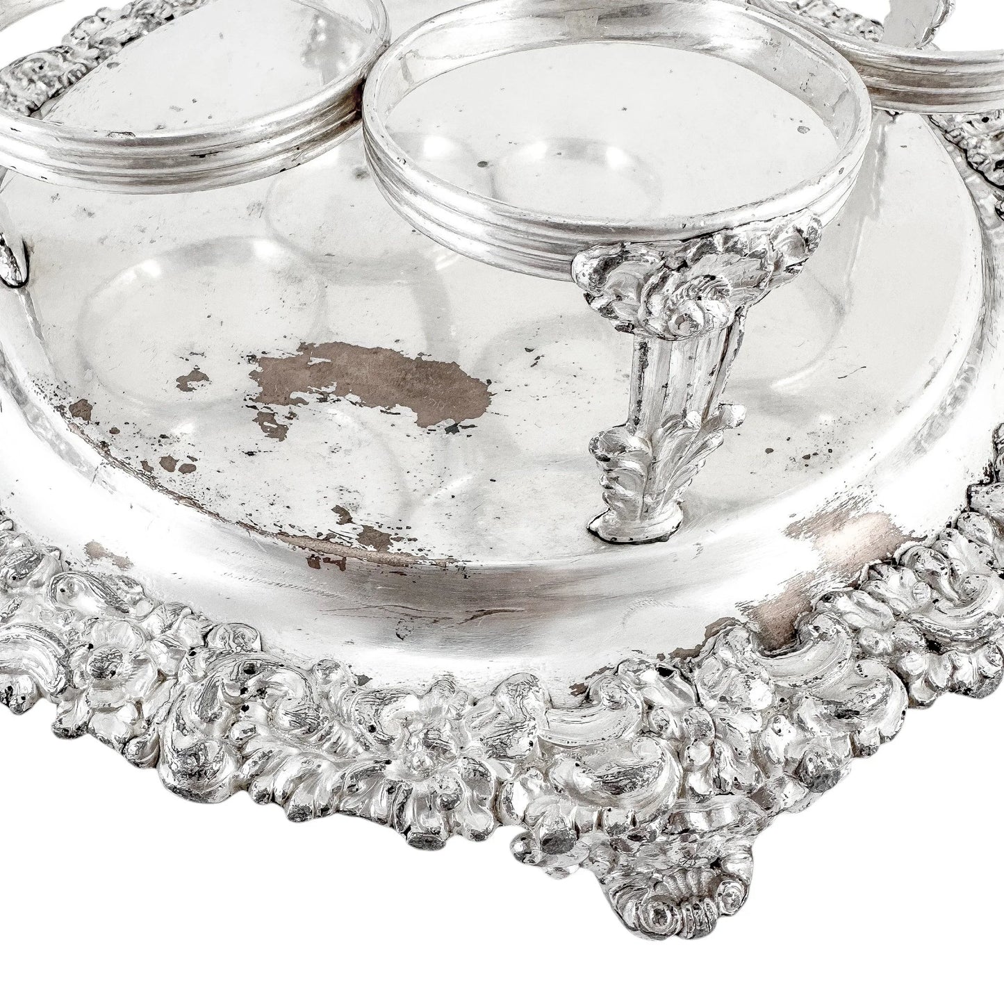 George III Old Sheffield silver plate cruet stand for 7 bottles, raised on paw feet
