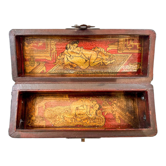 Qing Dynasty opium pillow box, phoenix decorated lid, scenes of erotica inside