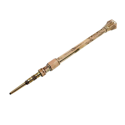 Victorian 9ct rose gold agate seal top hexagonal propelling pencil, engraved with flowers
