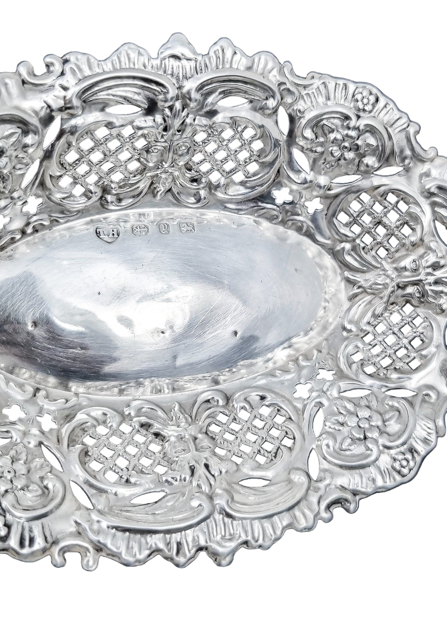 Victorian sterling silver bonbon dish with Green Man masks, Thomas Hayes 1898