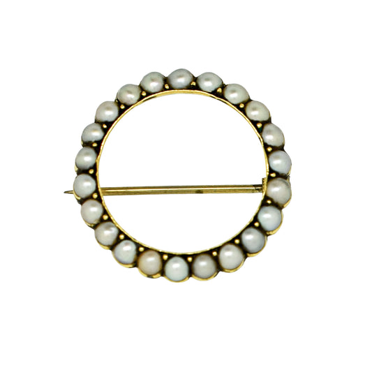 Victorian natural half pearl circle brooch / lace pin, 9ct yellow gold