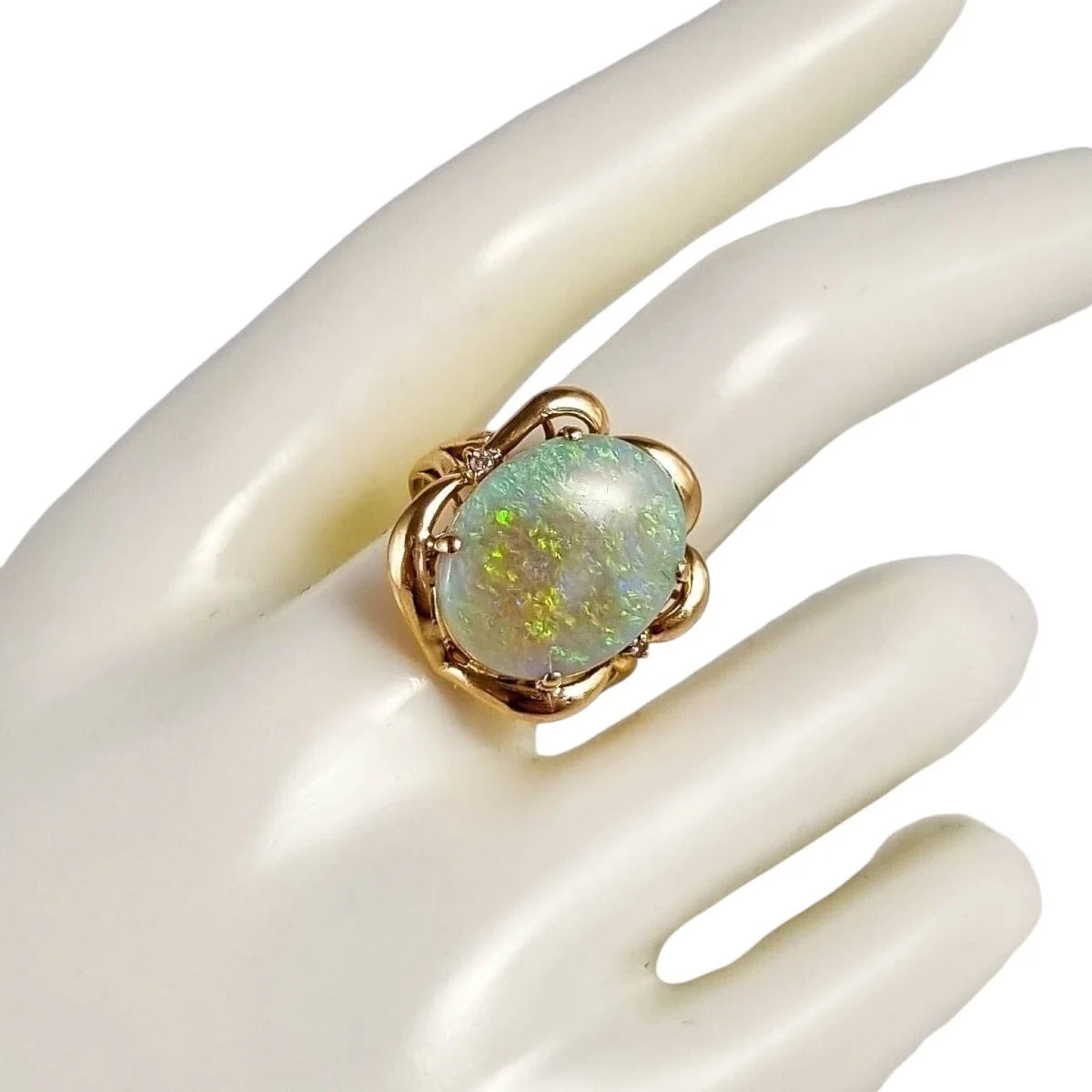 Vintage 14K gold solid opal diamond statement cocktail rin