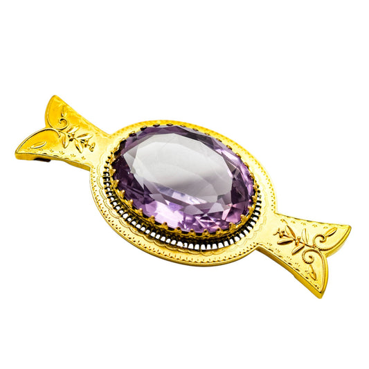 Victorian Etruscan 18ct gold brooch with 28ct amethyst, 1892