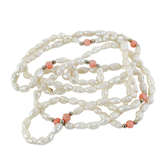 Vintage single strand white baroque pearl princess necklace with coral bead spacers