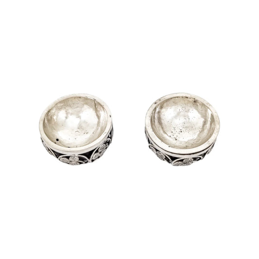 1880's Travancore silver Chuckram coin pair of table salt cellars, 56 coins