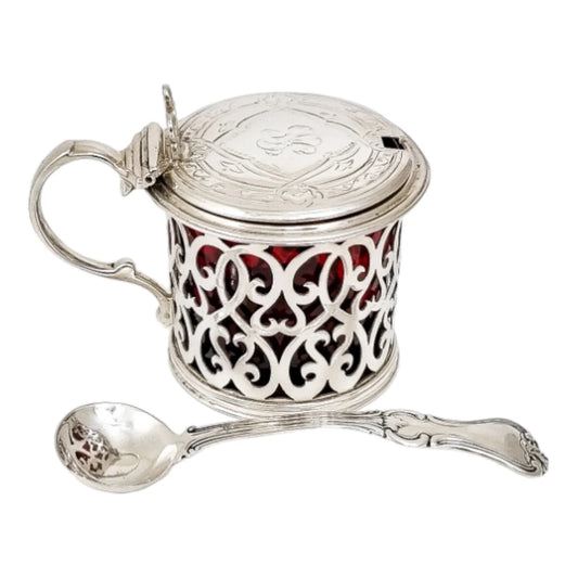 Victorian sterling silver large mustard with ruby liner and spoon condiment set, 1865