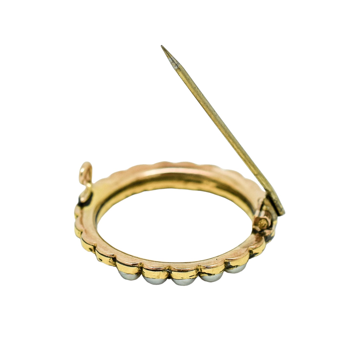 Victorian natural half pearl circle brooch / lace pin, 9ct yellow gold