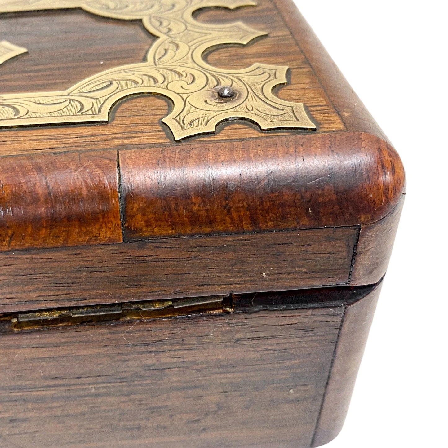 Victorian glove box with Celtic brass overlay engraved with scrolls and foliage