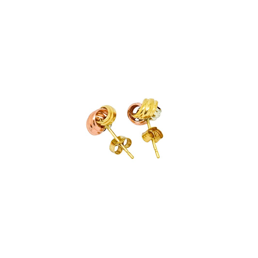 Vintage tri-colour stud earrings in yellow, white and rose gold
