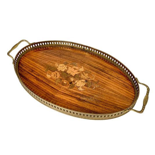 Vintage Italian Sorrento walnut marquetry inlaid oval tray with brass gallery and handles