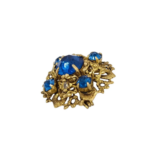 1960’s small Czechoslovakian blue glass gilt filigree brooch