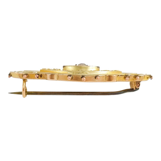 Ornate 9 ct yellow gold and seed pearl Victorian brooch, Etruscan Revival motif