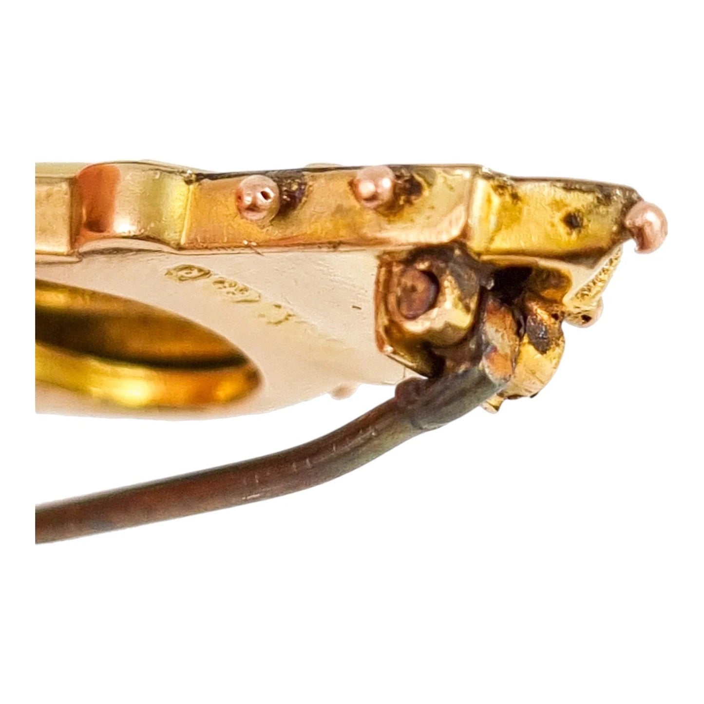 Ornate 9 ct yellow gold and seed pearl Victorian brooch, Etruscan Revival motif