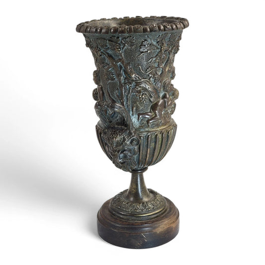 Italian Art Nouveau hand cast bronze amphora with children and grapevine design