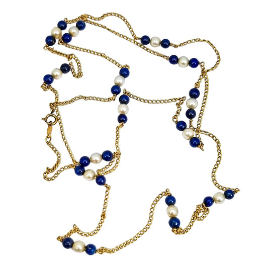 Vintage 14 ct yellow gold chain necklace with pearls and lapis lazuli beads