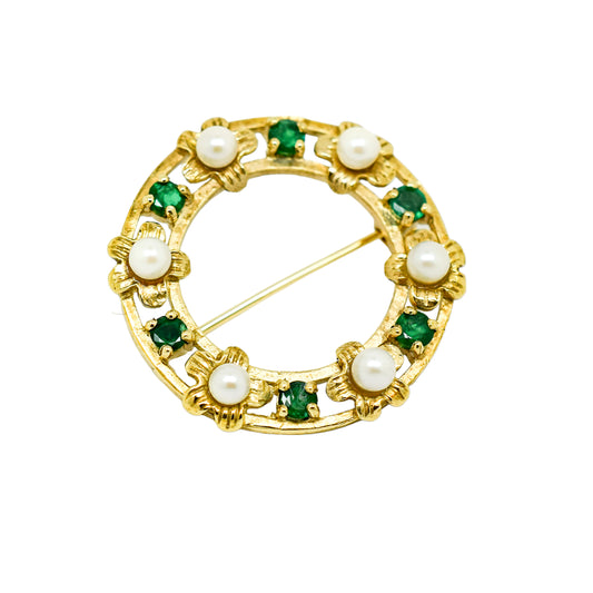 Vintage 9ct gold round openwork brooch / lace pin set with pearl flowers and emeralds