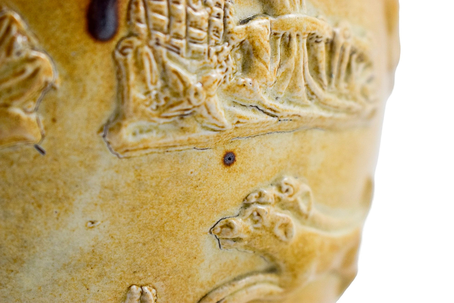Victorian salt glaze two-tone stoneware jug with foxhunt and village scenes, style of Doulton Lambeth