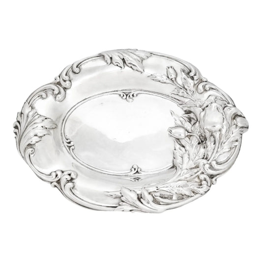 Edwardian sterling silver dressing table pin dish embossed with tulips and foliage