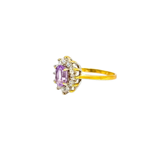 Vintage 9ct yellow gold 0.55 ct amethyst floral cluster halo cocktail ring, size J