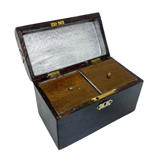 Mid-Victorian domed casket 2-section tea caddy withvglass tumblers and brass plaques