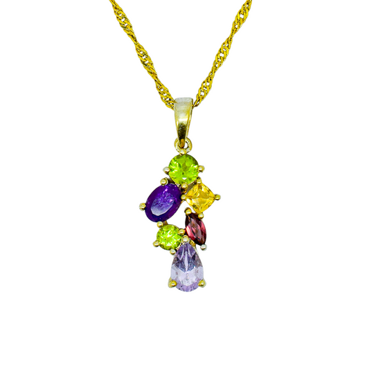 Vintage multi-gem pendant gilt sterling necklace - amethyst, peridot, citrine, garnet, topaz