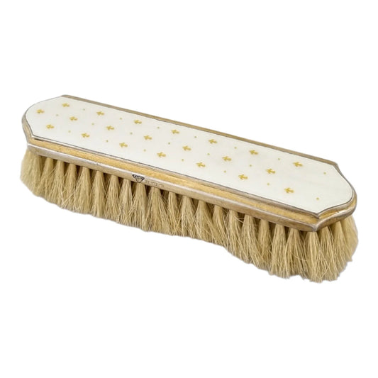 Garrard & Co gilded silver white guilloché enamel clothes brush with gold fleur-de-lis