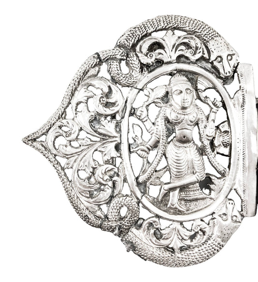 Indian / Burmese Colonial silver belt buckle with deities, snakes and foliage