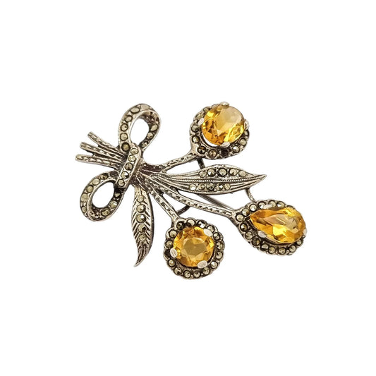 Art Deco sterling silver citrine floral spray brooch with marcasites
