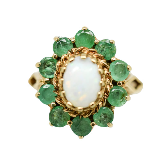 Vintage opal and emerald 9ct yellow gold cluster floral dress ring, size L