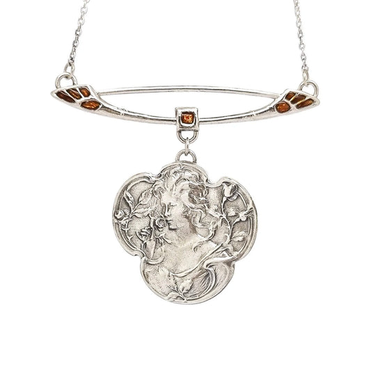 Art Nouveau sterling silver young woman / maiden enamel pendant necklace