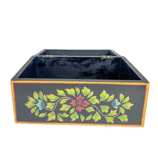 Vintage wooden Mexican dorada style brightly floral painted work box / jewellery chest