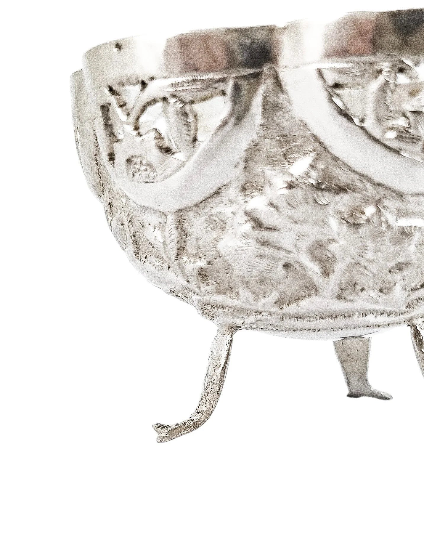 1890's Indian Calcutta silver figural bowl with embossed animal scenes