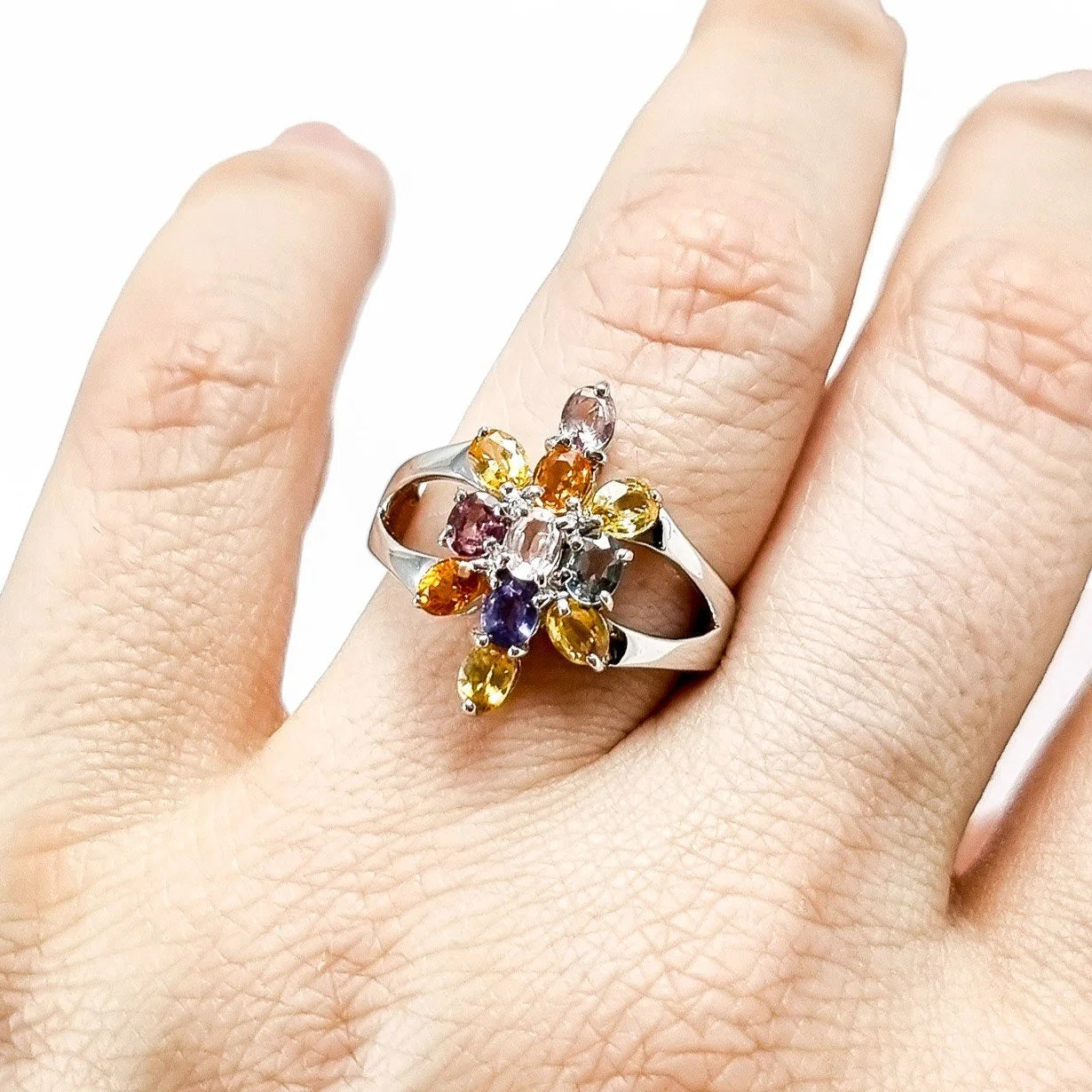 2ct multicolour sapphire 9ct white gold cluster ring, six-colour floral design, N 1/2