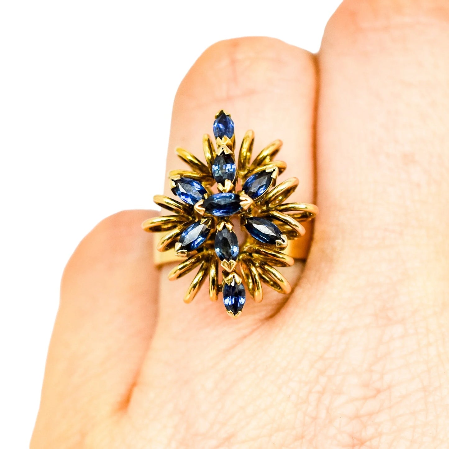 Vintage 14ct yellow gold sapphire navette floral cluster statement ring, 6.86g, M ½