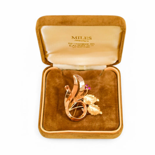 Vintage 1960's boxed Italian Varese 18ct gold floral spray brooch set with pink sapphires