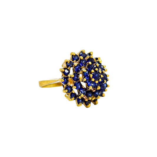 Vintage 9ct yellow gold tiered cluster 37 sapphire statement ring, size L