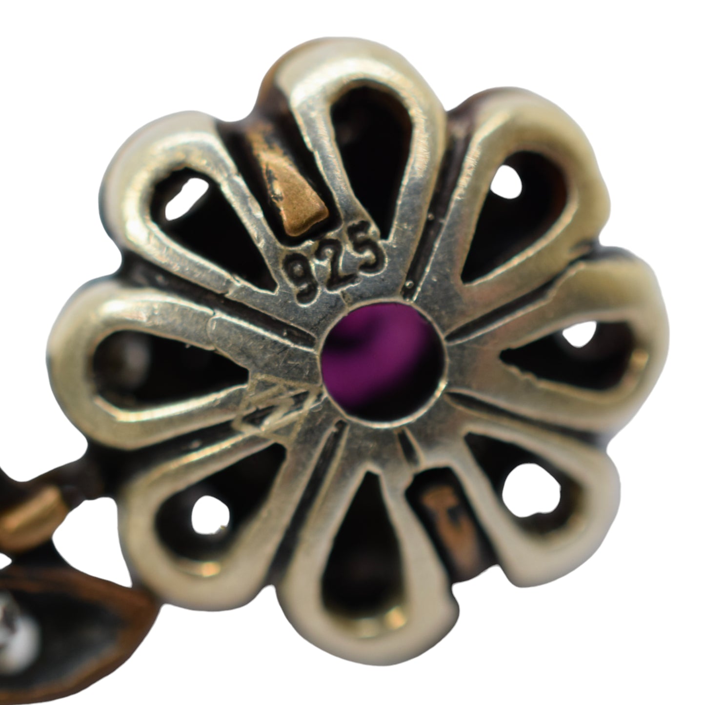 Renaissance style large sterling silver cluster floral drop earrings, ruby and paste